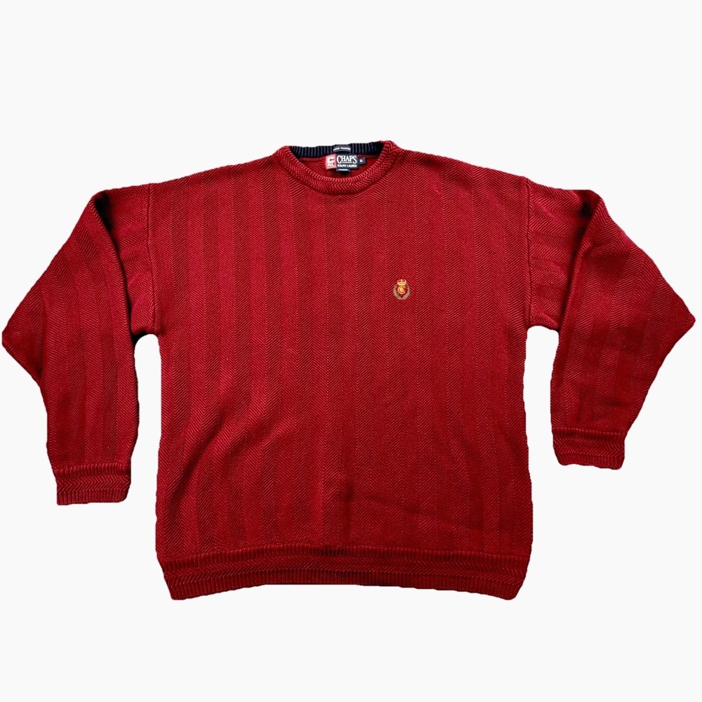 Chaps Ralph Lauren Knit Sweater XL Red Crest Logo‎ Cotton Vintage
